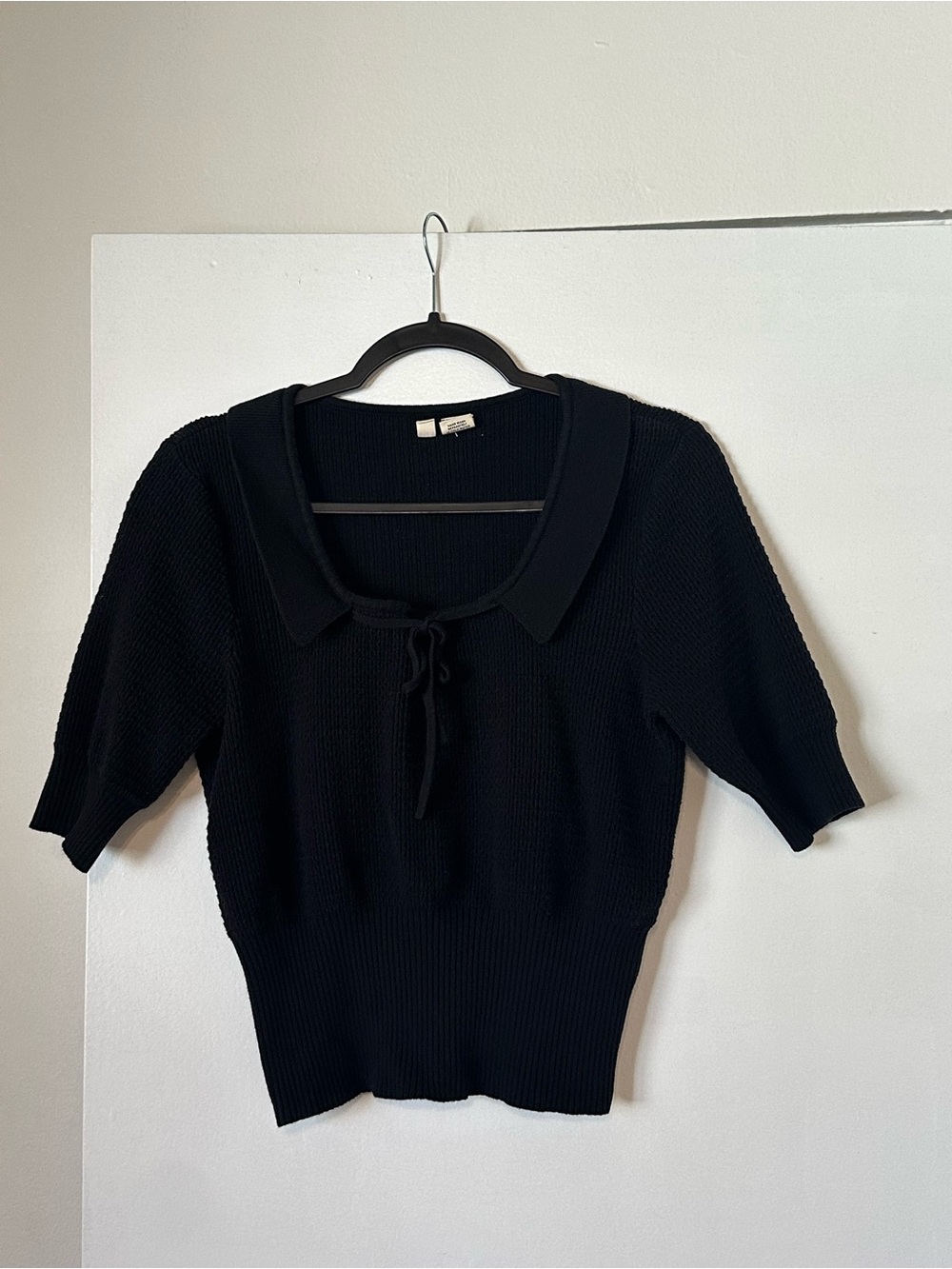 Moth Black Short-Sleeve Knit Top with Tie Collar
